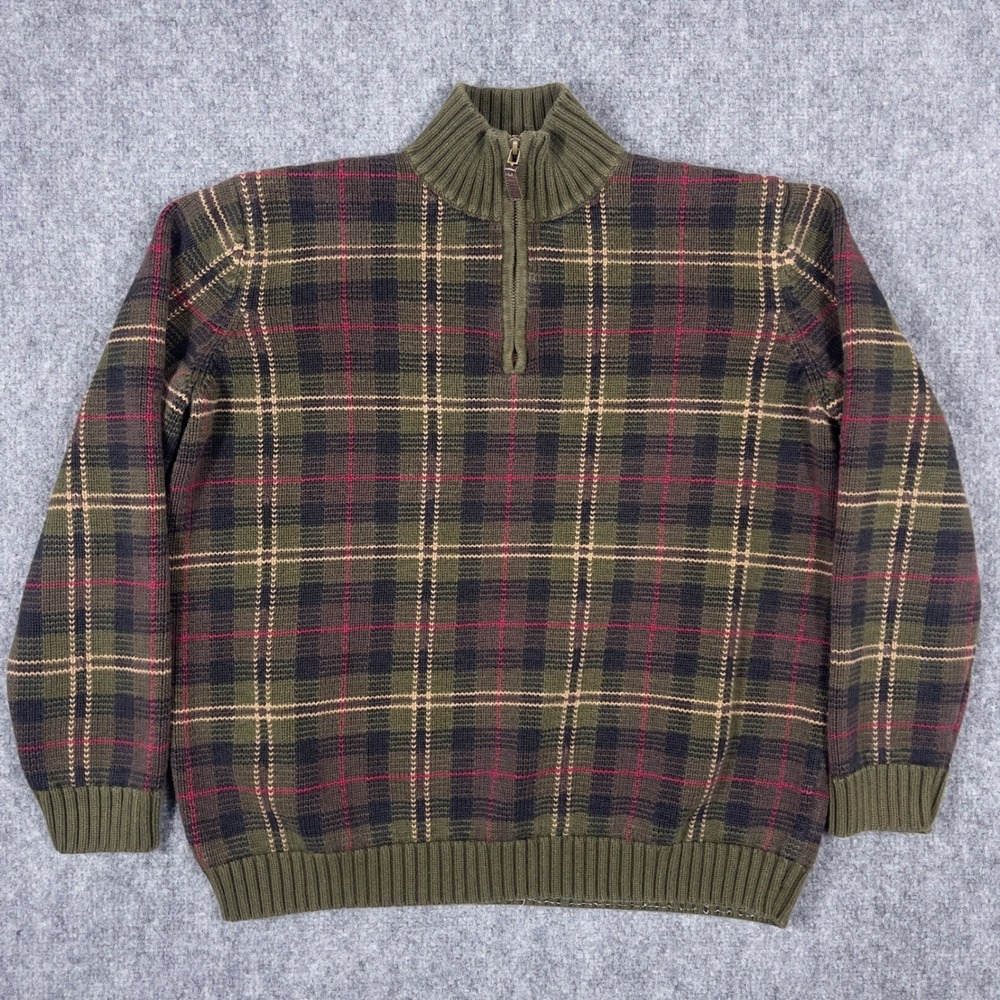 Lauren Ralph Lauren Quarter Zip Sweater Womens Large Green Plaid Cotton Knit